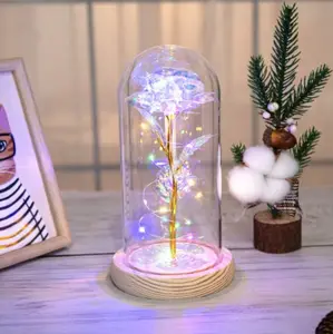 Kerst En Valentijnsdag Cadeaus Drie Gouden Folie Bloemen Glas Cover Ornamenten Creatieve Lichtgevende Led Verlichting Decoratieve Geschenken