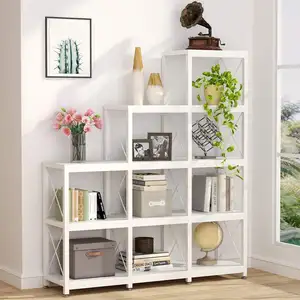 Home Office Rustic 5-Tier Display Shelf Storage Organizer Industrial Ladder Corner Bookshelf 9 Cubes Stepped Etagere Bookcase