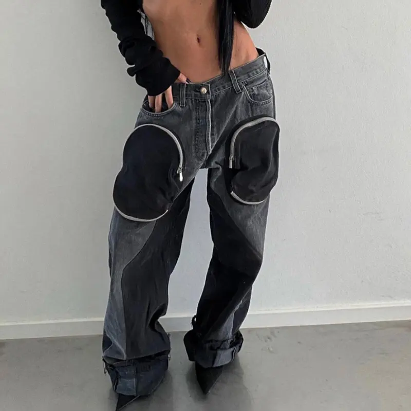 100% Cotton Summer Patchwork Jeans Women New Fashion Street Style High Waist Denim Split Pocket Straight Leg Trousers Female