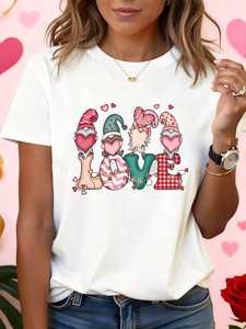 T-shirt stampata con gnomi dell'amore di San Valentino, da donna, girocollo, manica corta, oversize, casual, primavera estate, 100% cotone jersey - Product Image 3