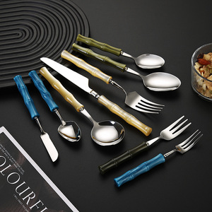 Juego de cubiertos de acero inoxidable 304 con diseño de bambú acrílico para carne, postre, sopa, cuchara, tenedor, cuchillo, duradero, para fiestas. - Product Image 3