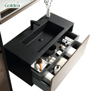 Goldea 2024 Canton Fair Exhibits Wood Surface Melamine Black Metal Surround Bathroom Cabinet YBC205C-080