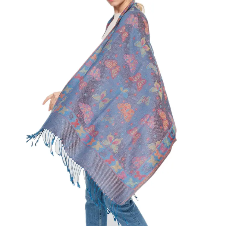 Sıcak 2024 stil kadın çift taraflı dokuma battaniye kelebek Pashmina şal/eşarp Wrap