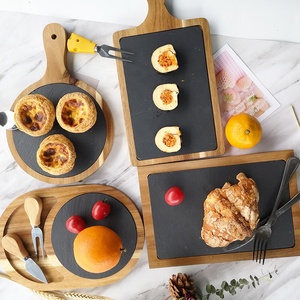 다기능 식품 트레이 주방 도구 나무 피자 플래터 손잡이와 함께 슬레이트 스퀘어 치즈 도마 - Product Image 5