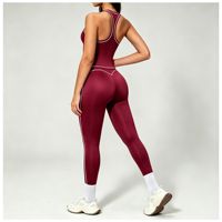 Ensemble de yoga avec logo personnalisé et surpiqûres contrastées, soutien-gorge de sport effet seconde peau, leggings moulants, taille plus, ensemble de vêtements de sport 2 pièces pour femmes