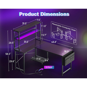 Grand bureau d'<span class=keywords><strong>ordinateur</strong></span> de bureau réversible en forme de L <span class=keywords><strong>pliable</strong></span> bureau de jeu accompagné de lumière LED <span class=keywords><strong>plateau</strong></span> de clavier de panneau perforé de prise de courant - Product Image 3