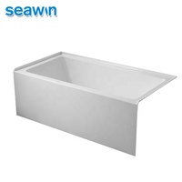 Baignoire autoportante rectangulaire moderne en acrylique blanc, profonde, à 3 parois, pour une personne, avec jupe simple, pour salle de bain.