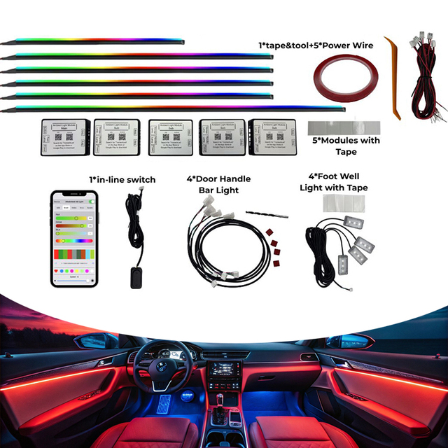 Trontech High Quality Universal Fit Acrylic Ambient Lighting Kit APP Control RGB LED Colors 12V Car Interior Lighting