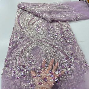 Tissu de robe de cérémonie haut de gamme, tissu brodé de sequins haute densité pour robe de mariée, tissu brodé de perles multicolores. - Product Image 4