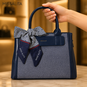 Factory Manufacturer OEM ODM Denim Twill Satchel Women Handbag Silk Scarf Ready Stock <strong>Crossbody</strong> <strong>Navy</strong> Daily <strong>Bag</strong> MISS ALITA - Product Image 1