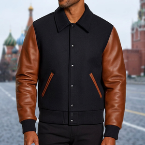 Veste varsity noire pour homme, manches en cuir marron, fermeture à boutons, col rabattu, vêtement décontracté pour l'automne, coupe classique - Product Image 1