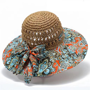 Chapeau de soleil pour <span class=keywords><strong>femme</strong></span>, chapeau de plage d'été, chapeau décontracté à motif floral ajouré, grand bord pliable en paille - Product Image 4