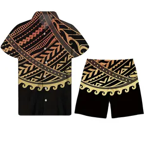 Прямая поставка, полинезийский оранжевый этнический принт, мужские купальники и пляжная одежда, мужские стильные рубашки и пляжные шорты, комплект со штанами