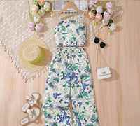 Ensemble 2 pièces imprimé plantes tropicales pour filles, haut à bretelles et pantalon à jambes larges, tenue d'été décontractée pour les vacances à la plage, usage quotidien
