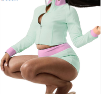 Nouvel ensemble décontracté automne transfrontalier : survêtement sport à manches longues, patchwork, couleur contrastante, fermeture éclair, col montant, 2 pièces avec short