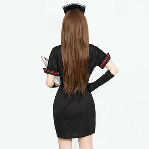 Conjunto de uniforme de enfermera negro para mujer, disfraz de juego de rol, falda con sombrero, guantes, tarjeta de identificación, disfraces para juegos de adultos - Product Image 3