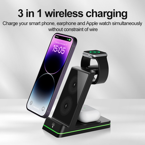 Máy tính để bàn 15W sạ<span class=keywords><strong>c</strong></span> không dây nhanh, 3 trong 1 sạ<span class=keywords><strong>c</strong></span> không dây đứng với ánh sáng màu xanh Tương thích với iPhone, Earbud và đồng hồ thông minh - Product Image 4