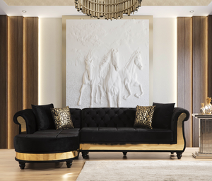 Gold Detailed Tufted Velvet Convertible Sectional Set with L-Shape Design for Living Room in Black - Product Image 1