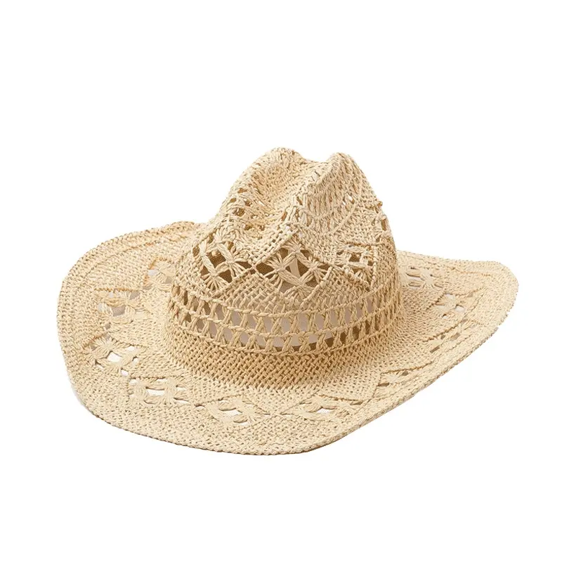Shinecappelli Sombrero tesa donna estate spiaggia scava fuori cappello di paglia per Hawaii Cowboy solare 56cm circonferenza della testa 9cm Floppy OEM