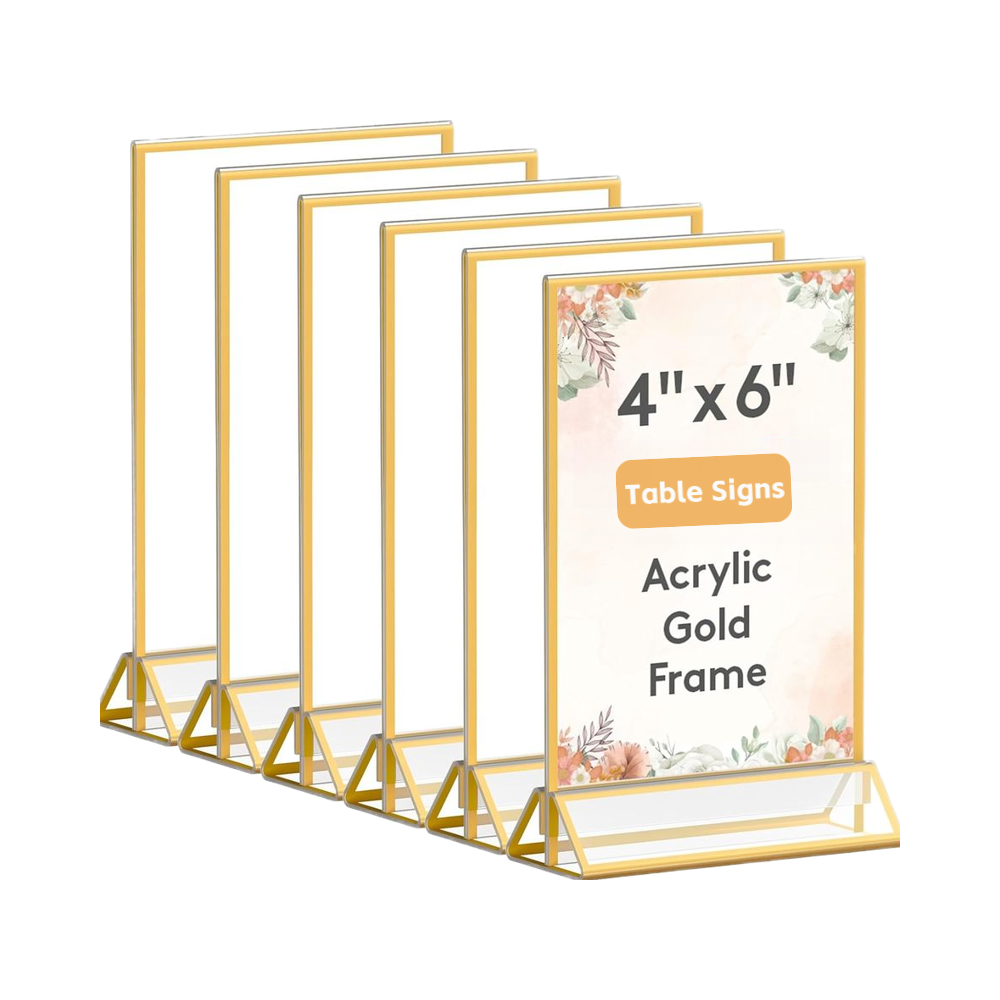 EETOZ 6 Pack Acrylic Gold Sign Holder, 4x6 Double Sided Clear Frae