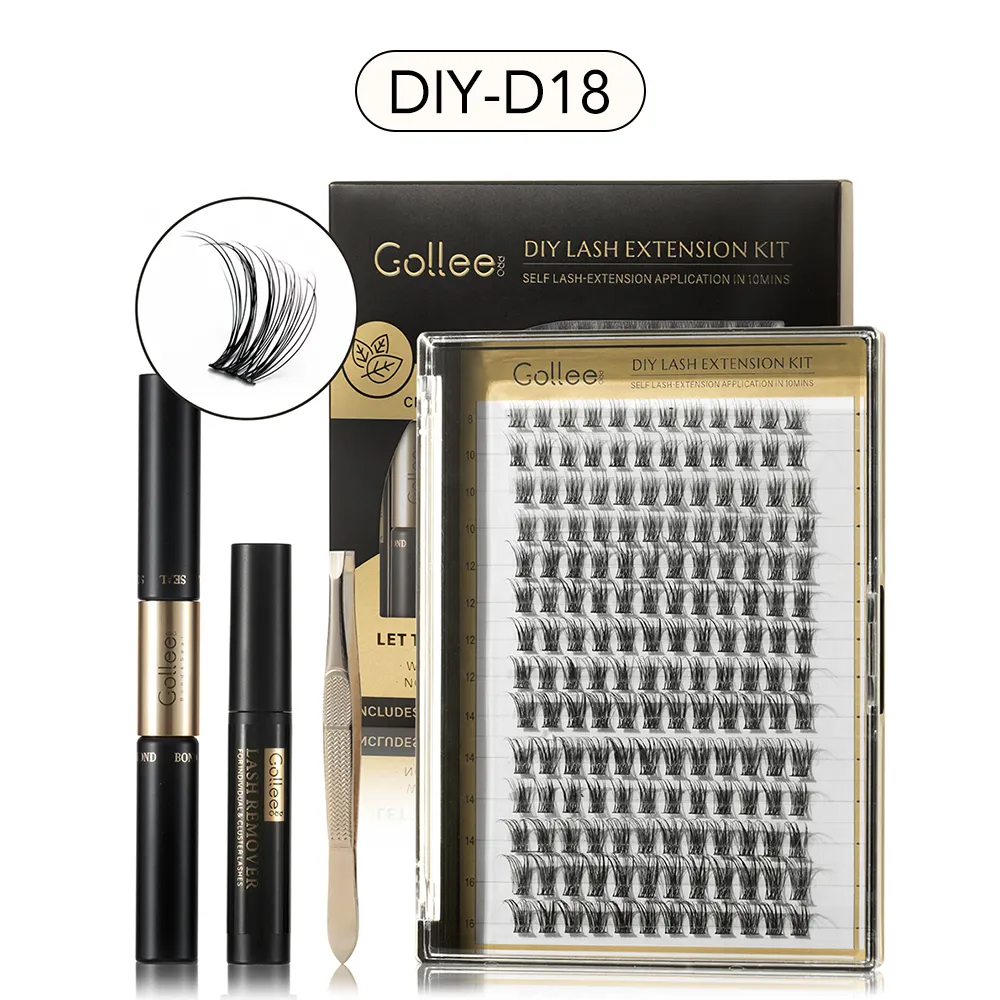 Gollee 30D 40D Embalagem Personalizada Diy Cluster Cílios/Diy Extensões de Cílios Private Label/Diy Lash Extensão Kit Bond E Selo