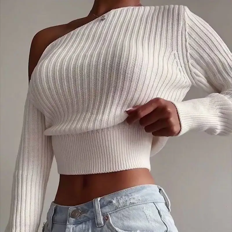 Nieuwste Ontwerp Effen Kleur Off-Shoulder Casual Crop Top Losse Gebreide Dames Truien Lange Mouw Herfst Trui Voor Dames