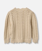 Maßgefertigte Beige Aushöhl-Strickjacke für Mädchen, Langarm-Pullover mit Rüschenbesatz für Kinder, OEM Großhandel Kinderstrickwaren