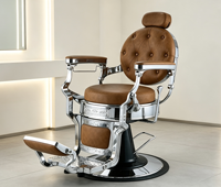 Fauteuil de barbier pivotant hydraulique classique de luxe à boutons capitonnés marron pour salon de coiffure professionnel