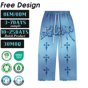 Pantalones Deportivos Personalizados, Pantalones de Chándal Holgados de Algodón, Estilo Francés, Pierna Recta, Lavado Ácido, con Pedrería, para Hombre - Product Image 1