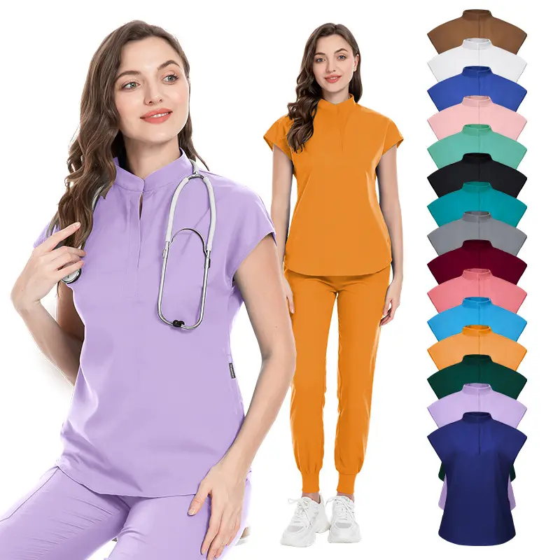 High quality fashion medical uniform scrub nurse top pants stretchy stand collar custom logo 15 solid color white nurse uniform