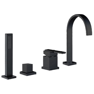 Robinet <span class=keywords><strong>de</strong></span> baignoire <span class=keywords><strong>de</strong></span> luxe 4 trous en laiton avec douchette, finition noir mat, monocommande, montage sur pont, eau chaude et froide thermostatique - Product Image 2