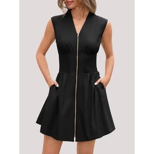 Robe d'été décontractée Fisoew pour femme, sans manches, col en V, fermeture éclair sur le devant, taille élastique, coupe trapèze, avec poches, tissée respirante - Product Image 2