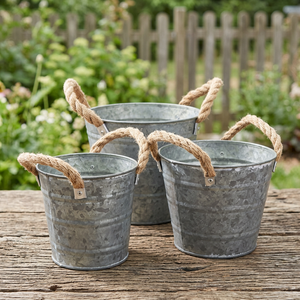 3-Set Vintage <b>Galvanized</b> <b>Planter</b> Buckets - Garden Bucket with Rope Handles, <b>Galvanized</b> Metal - Product Image 2