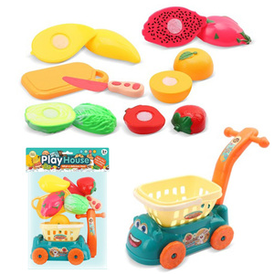 Chariot de courses de jeu d'imitation avec fruits et légumes à découper et accessoires pour jeux de rôle en cuisine et épicerie pour enfants - Product Image 1