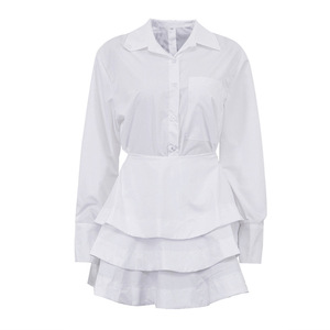 2025 moda blanco elegante <span class=keywords><strong>camisa</strong></span> de manga larga <span class=keywords><strong>con</strong></span> Bolsillos y minifalda <span class=keywords><strong>plisada</strong></span> de cintura alta conjunto de dos piezas de algodón suelto para mujer - Product Image 6