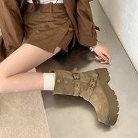 Bottines à plateforme pliables pour femmes, en daim, avec double boucle, fermeture éclair latérale, semelle à crampons, bottes de combat, 2 couleurs