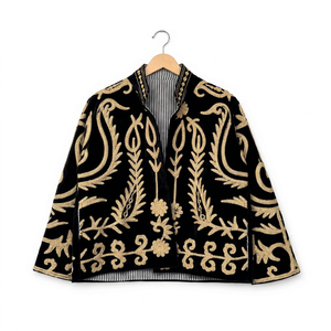 <b>Women</b> Boho Black <b>Velvet</b> Suzani <b>Jacket</b> Floral Embroidered Full Sleeve Stand Collar Handmade Ethnic Style Winter Outerwear - Product Image 1