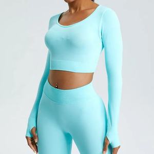 Camisetas Deportivas de Manga Larga con Logotipo Personalizado al por Mayor, Camiseta Deportiva Corta para Entrenamiento, Yoga Activo, Correr, Camisetas Deportivas sin Costuras para Mujer - Product Image 2