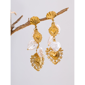 Jinyune oro 3194 placcato in PVD in acciaio inossidabile gioielli di fascino manuale da donna in francia perle artificiali cuore amore orecchini pendenti - Product Image 3