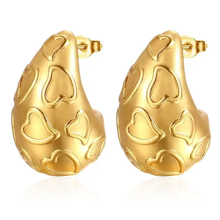 3Cm Hart Patroon Rvs Water Drop Oorbellen Scheur Drop Uitgehold 18K Gouden Oorbellen Sieraden