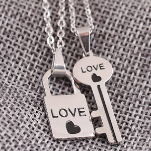 Love Lock Key <b>Couple</b> <b>Necklace</b> Set Silver Tone Themed Pendants For Daily Wear Gift - Product Image 2