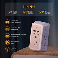 Multiprise parasurtenseur ETL 7 prises US, répartiteur de prises multiples avec 4 ports USB 20W, adaptateur mural 3 faces
