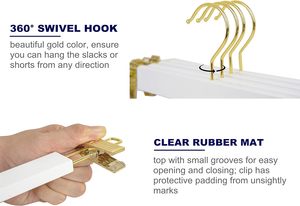 Pantalones vaqueros blancos Pantalones cortos Perchas de <span class=keywords><strong>madera</strong></span> con 2 clips dorados ajustables Colgador de ropa de armario <span class=keywords><strong>para</strong></span> baño y sala de estar - Product Image 3
