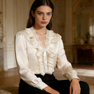 Blusa Elegante con Cuello en V y Volantes de Encaje para Mujer, Manga Larga, Botones de Perla, Estilo Casual para Oficina, Primavera, Verano, Otoño - Product Image 4