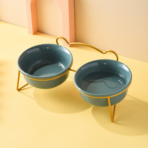 Comedero Elevado de Cerámica Verde, Amarillo y Azul para Mascotas, Perros y Gatos, con Soporte - Product Image 4