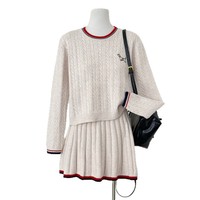Ensembles de style preppy pour femmes, collection automne, vente en gros S-L : Haut à col rond et jupe longue tricotée, brodée, respirante et écoresponsable