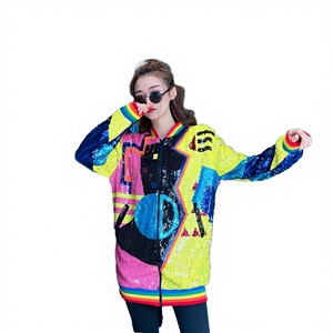 Women's Geometric <b>Sequin</b> Bomber <b>Jacket</b> Spring Autumn Eco-Friendly Breathable Loose Oversized Zip Colorful Graphic Long <b>Sequin</b> - Product Image 3