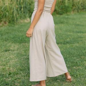 Pantalones de Mujer Hechos a Medida, Pantalones Anchos de Color Arena de Lujo, Cintura Elástica, Pantalones de Lino de Alta Calidad - Product Image 4