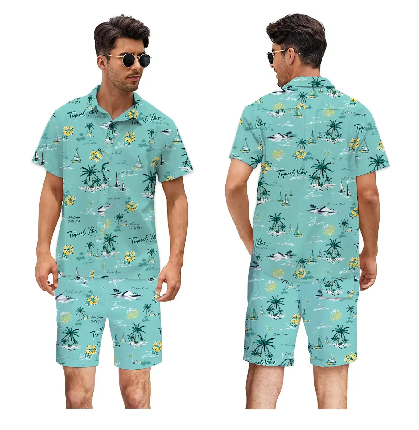 Grosir merek chaoqi kemeja hawai kualitas tinggi kemeja motif bunga dan set pendek cetakan liburan kustom