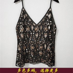 Camisola de Verano con Lentejuelas y Cuentas, Sexy, Entallada, Corta, con Cuello en V, Chaleco Elegante para <span class=keywords><strong>Mujer</strong></span>, Tejido Dobby, Poliéster, Patrón Geométrico - Product Image 2